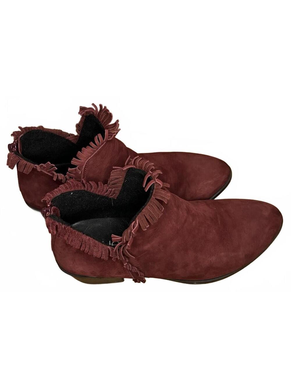 Leather Fringe Ankle Boots 8.5 Wine Burgundy Red Nubuck Booties Western Boho